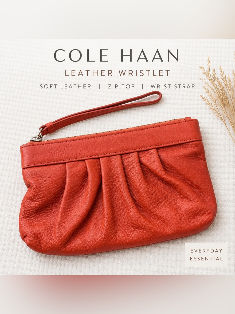 Cole Haan Leather Wristlet Clutch Orange Gathered Soft Pouch Zip